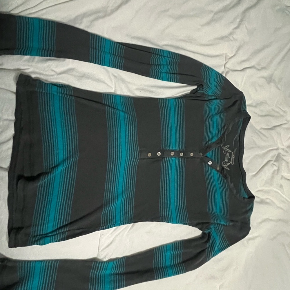 Old Navy Teal and Gray Striped Henley